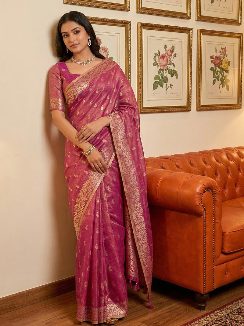 Tissue Silk Wine Brocade Saree With Blouse Piece