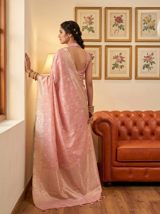 Tissue Silk Pink Brocade Saree With Blouse Piece