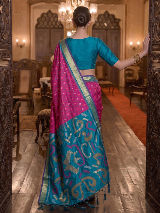 Pink & Teal Soft Silk Ikat Saree | EZB SI04 SUADI1001