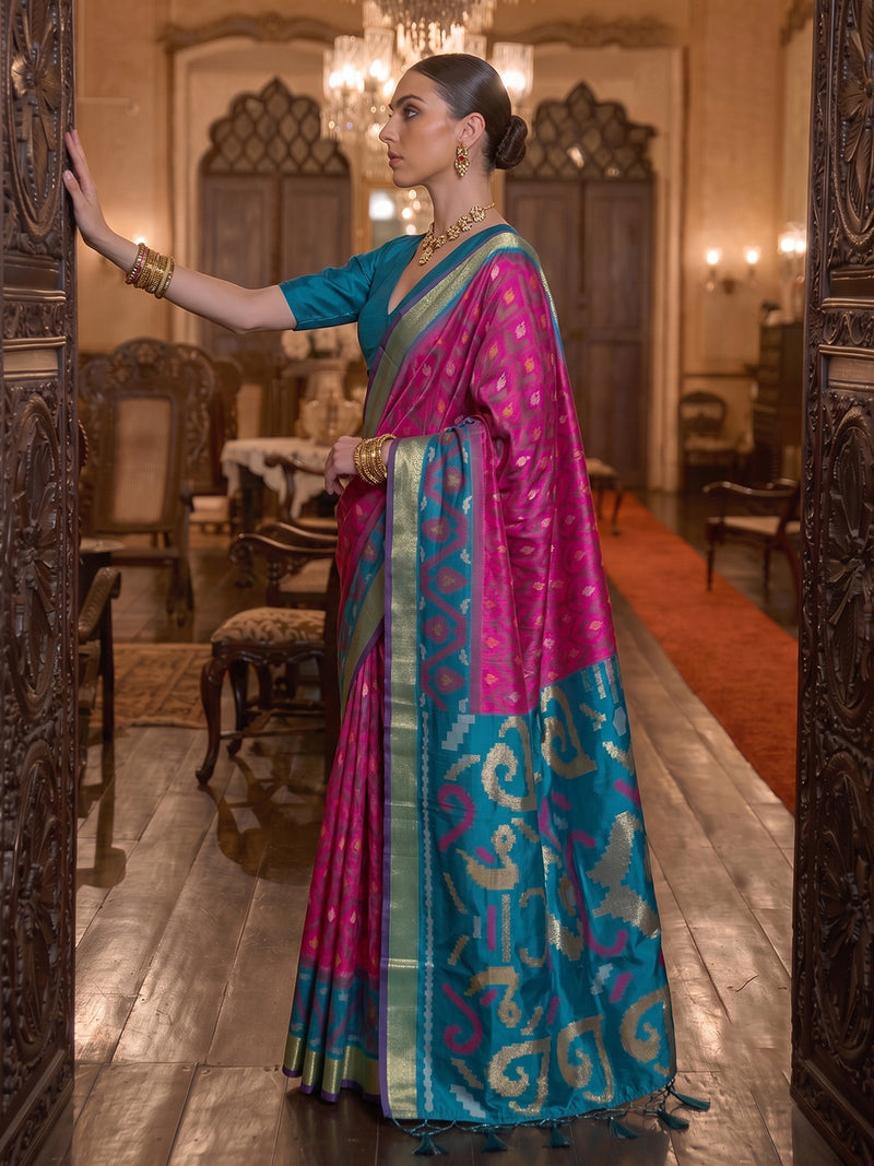 Pink & Teal Soft Silk Ikat Saree | EZB SI04 SUADI1001