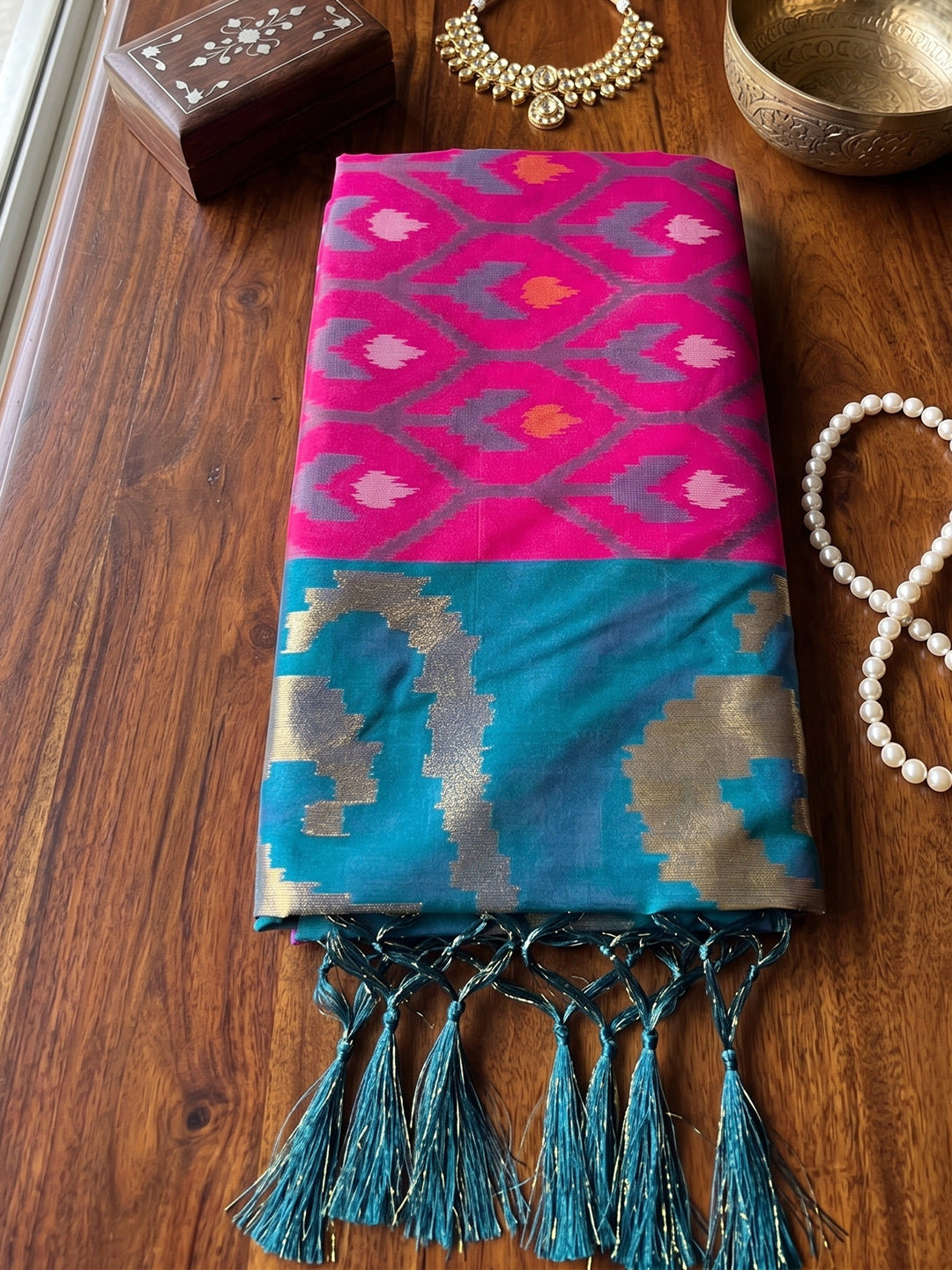 Pink & Teal Soft Silk Ikat Saree | EZB SI04 SUADI1001