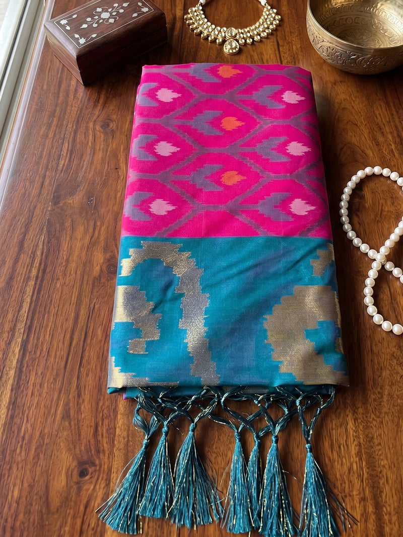Pink & Teal Soft Silk Ikat Saree | EZB SI04 SUADI1001
