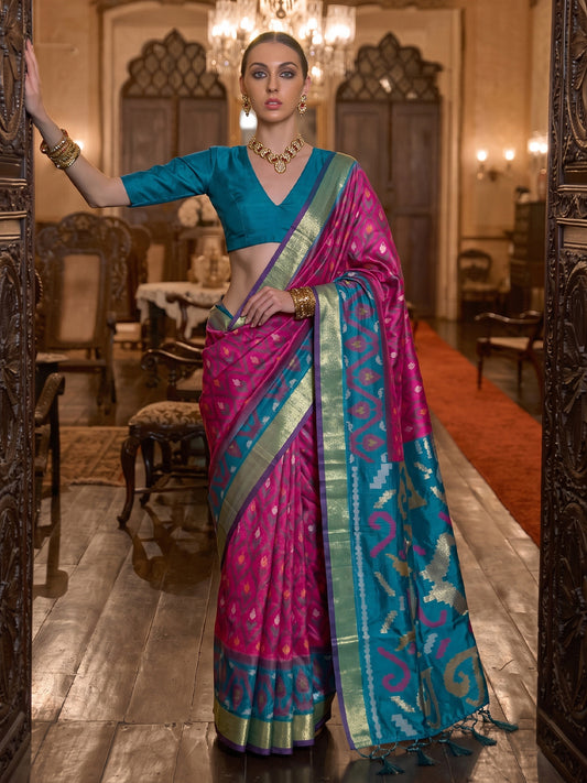 Pink & Teal Soft Silk Ikat Saree | EZB SI04 SUADI1001