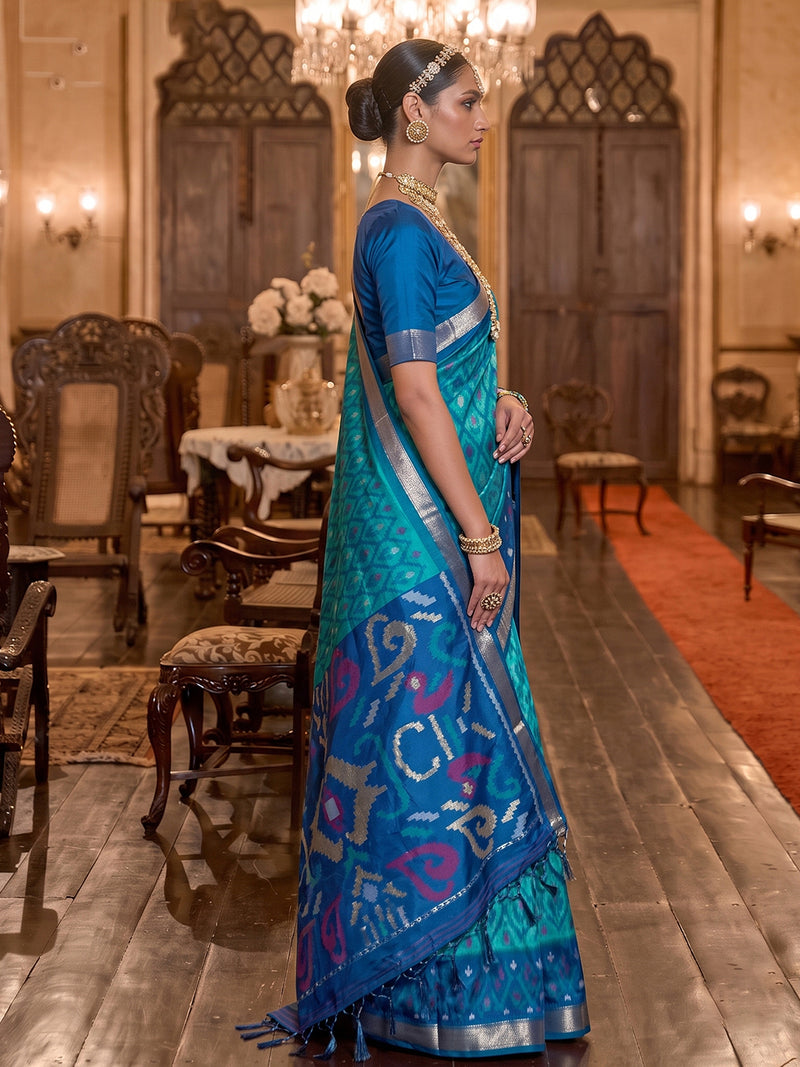 Sky Blue & Navy Soft Silk Ikat Saree | EZB SI04 SUADI1002