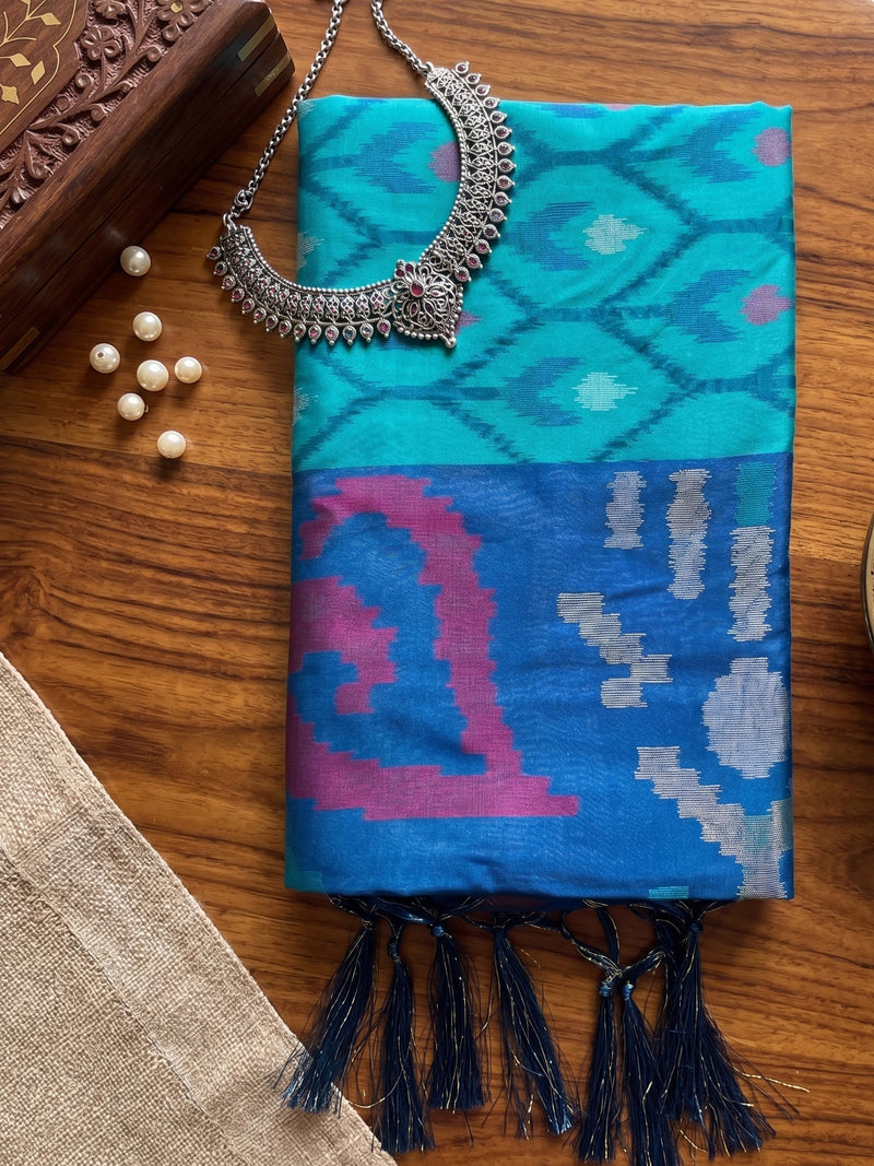 Sky Blue & Navy Soft Silk Ikat Saree | EZB SI04 SUADI1002