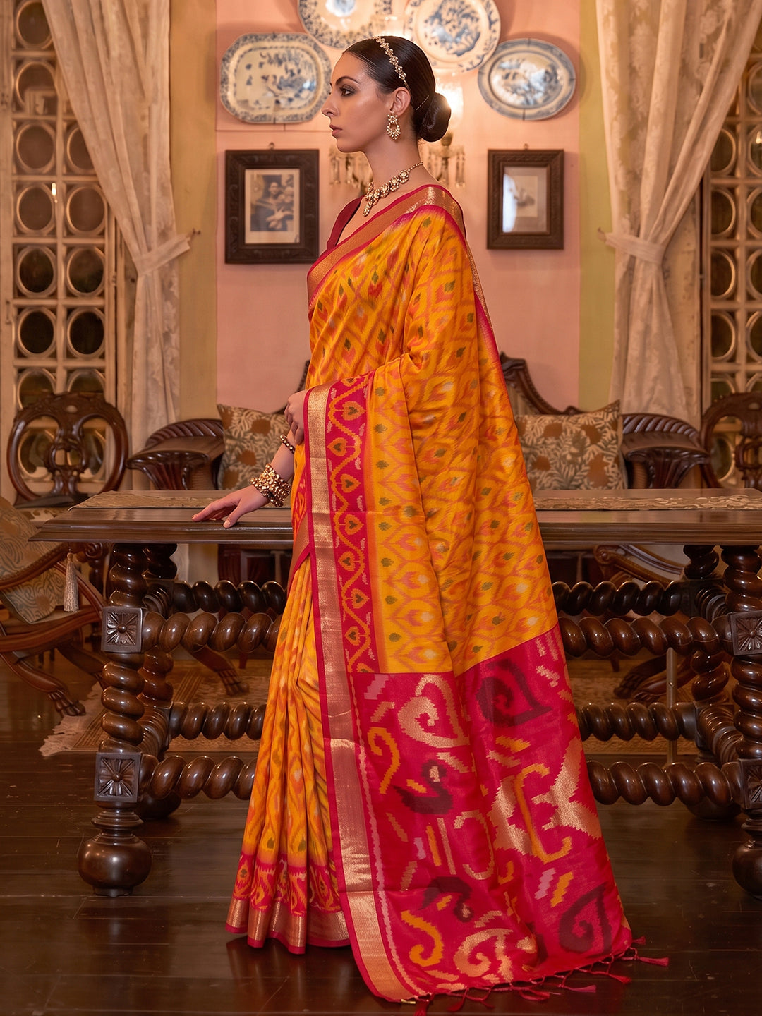 Mustard & Maroon Soft Silk Ikat Saree | EZB SI04 SUADI1003