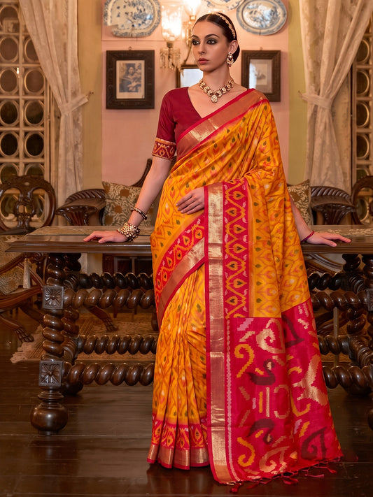 Mustard & Maroon Soft Silk Ikat Saree | EZB SI04 SUADI1003