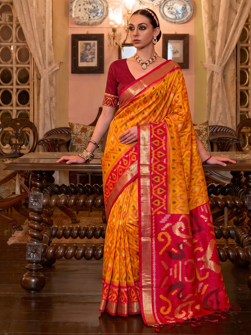 Mustard & Maroon Soft Silk Ikat Saree | EZB SI04 SUADI1003
