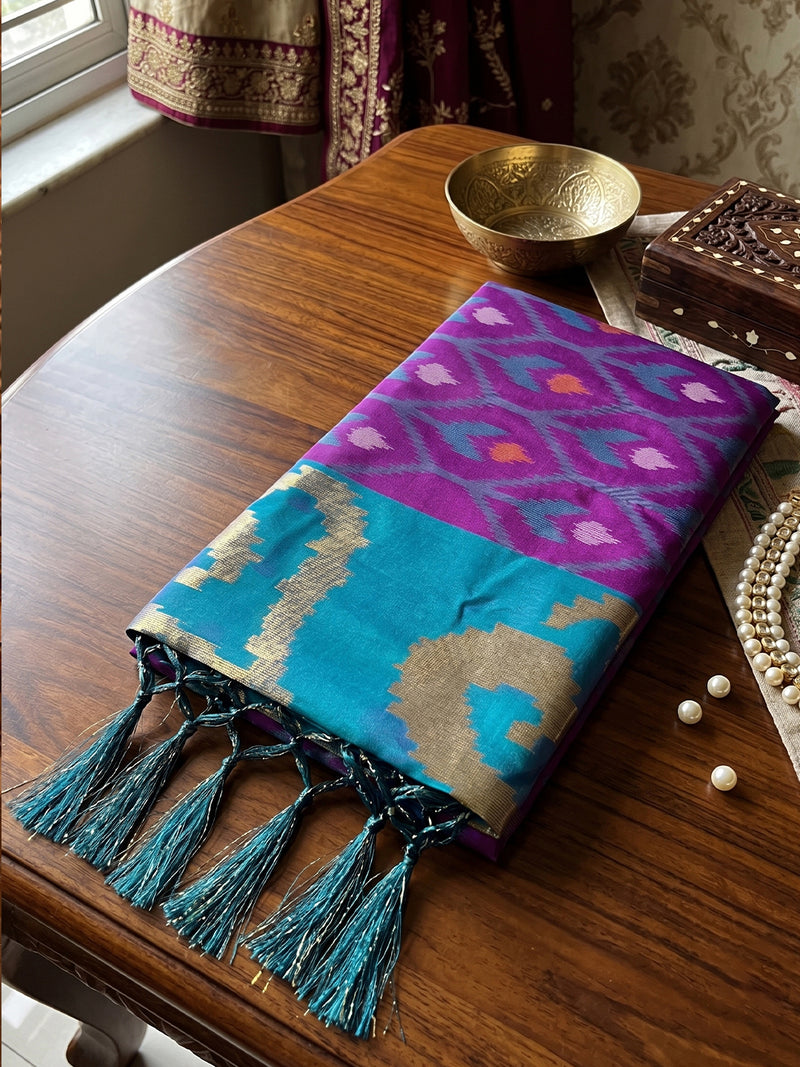 Purple & Teal Soft Silk Ikat Saree | EZB SI04 SUADI1004