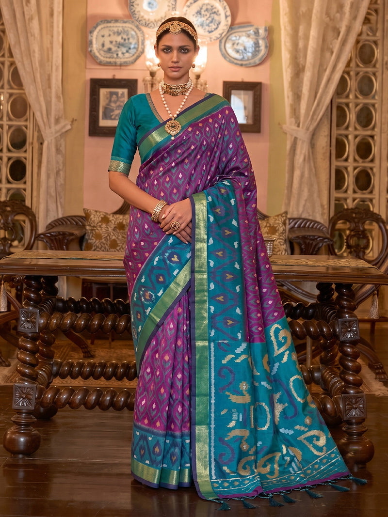 Purple & Teal Soft Silk Ikat Saree | EZB SI04 SUADI1004
