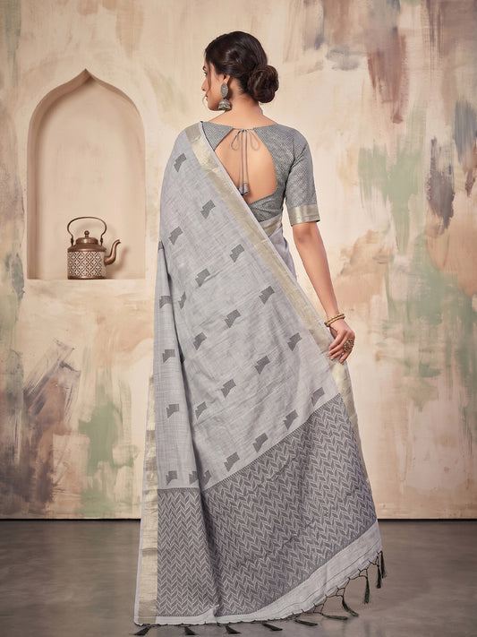 Grey Linen Chevron Pallu Saree | EZB SI04 SUARZ1001
