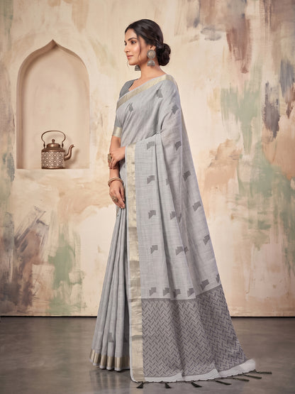 Grey Linen Chevron Pallu Saree | EZB SI04 SUARZ1001