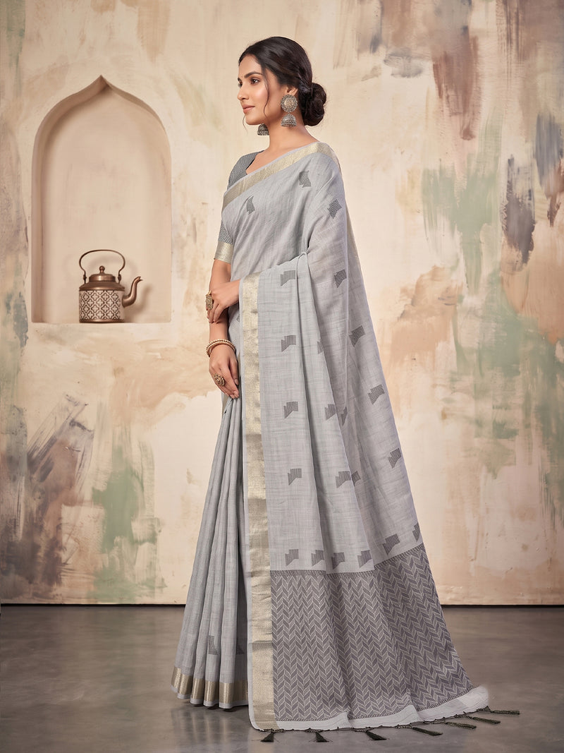 Grey Linen Chevron Pallu Saree | EZB SI04 SUARZ1001