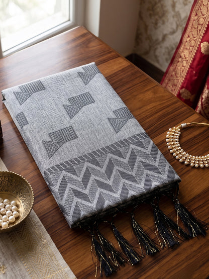 Grey Linen Chevron Pallu Saree | EZB SI04 SUARZ1001