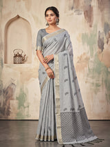 Grey Linen Chevron Pallu Saree | EZB SI04 SUARZ1001