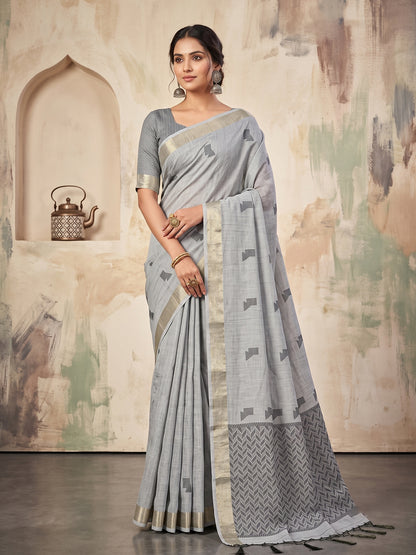 Grey Linen Chevron Pallu Saree | EZB SI04 SUARZ1001