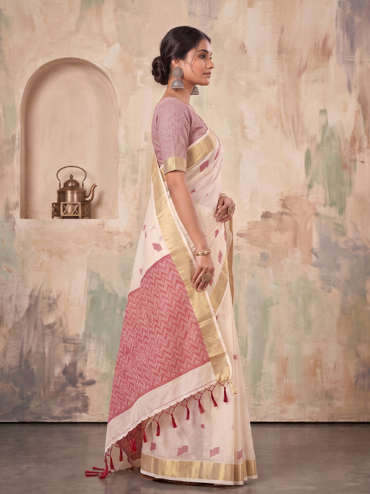 Cream Linen Chevron Pallu Saree | EZB SI04 SUARZ1002