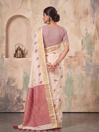 Cream Linen Chevron Pallu Saree | EZB SI04 SUARZ1002