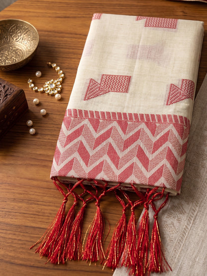 Cream Linen Chevron Pallu Saree | EZB SI04 SUARZ1002