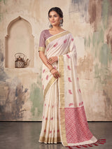 Cream Linen Chevron Pallu Saree | EZB SI04 SUARZ1002
