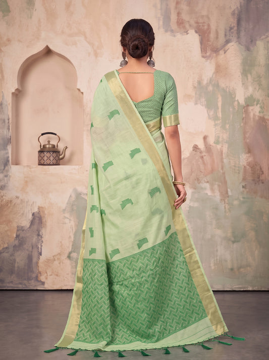 Light Green Linen Chevron Pallu Saree | EZB SI04 SUARZ1003