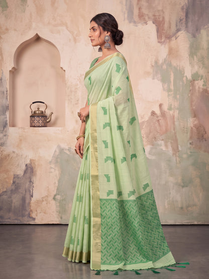 Light Green Linen Chevron Pallu Saree | EZB SI04 SUARZ1003