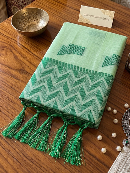 Light Green Linen Chevron Pallu Saree | EZB SI04 SUARZ1003