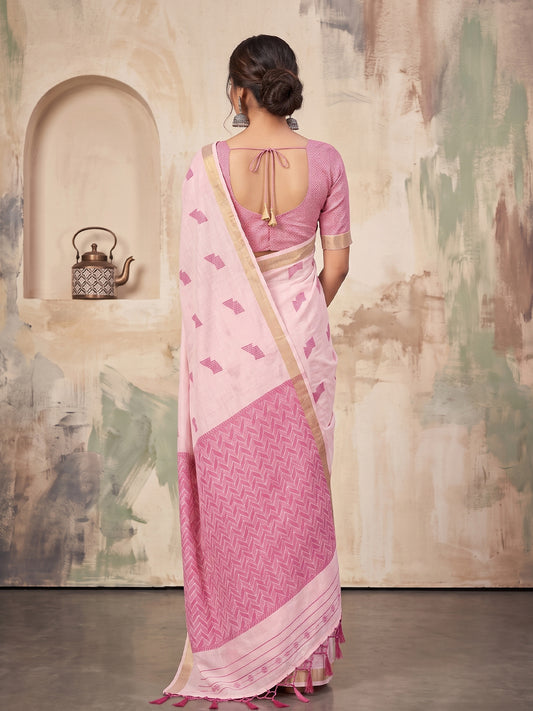 Light Pink Linen Chevron Pallu Saree | EZB SI04 SUARZ1004