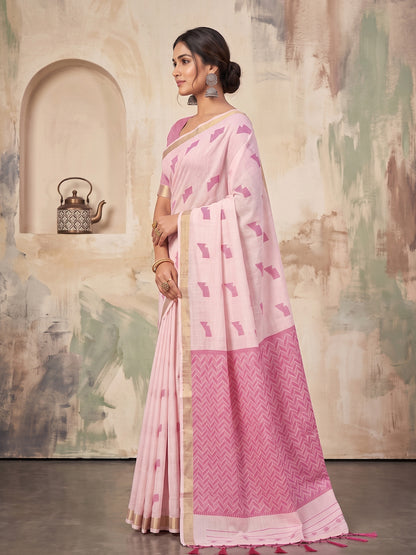 Light Pink Linen Chevron Pallu Saree | EZB SI04 SUARZ1004