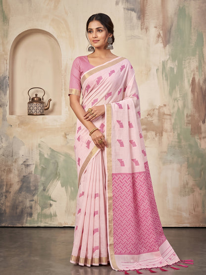 Light Pink Linen Chevron Pallu Saree | EZB SI04 SUARZ1004