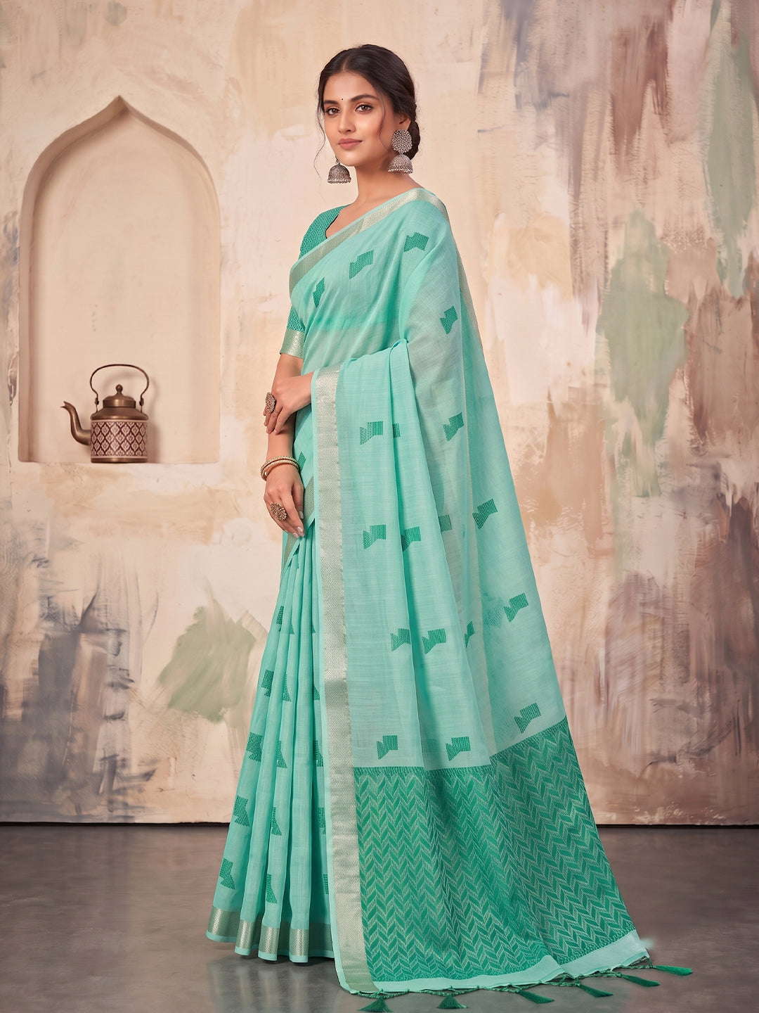 Teal Linen Chevron Pallu Saree | EZB SI04 SUARZ1005