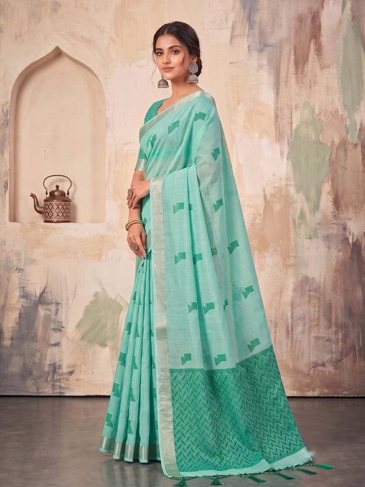 Teal Linen Chevron Pallu Saree | EZB SI04 SUARZ1005