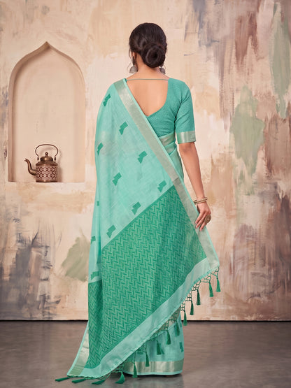 Teal Linen Chevron Pallu Saree | EZB SI04 SUARZ1005
