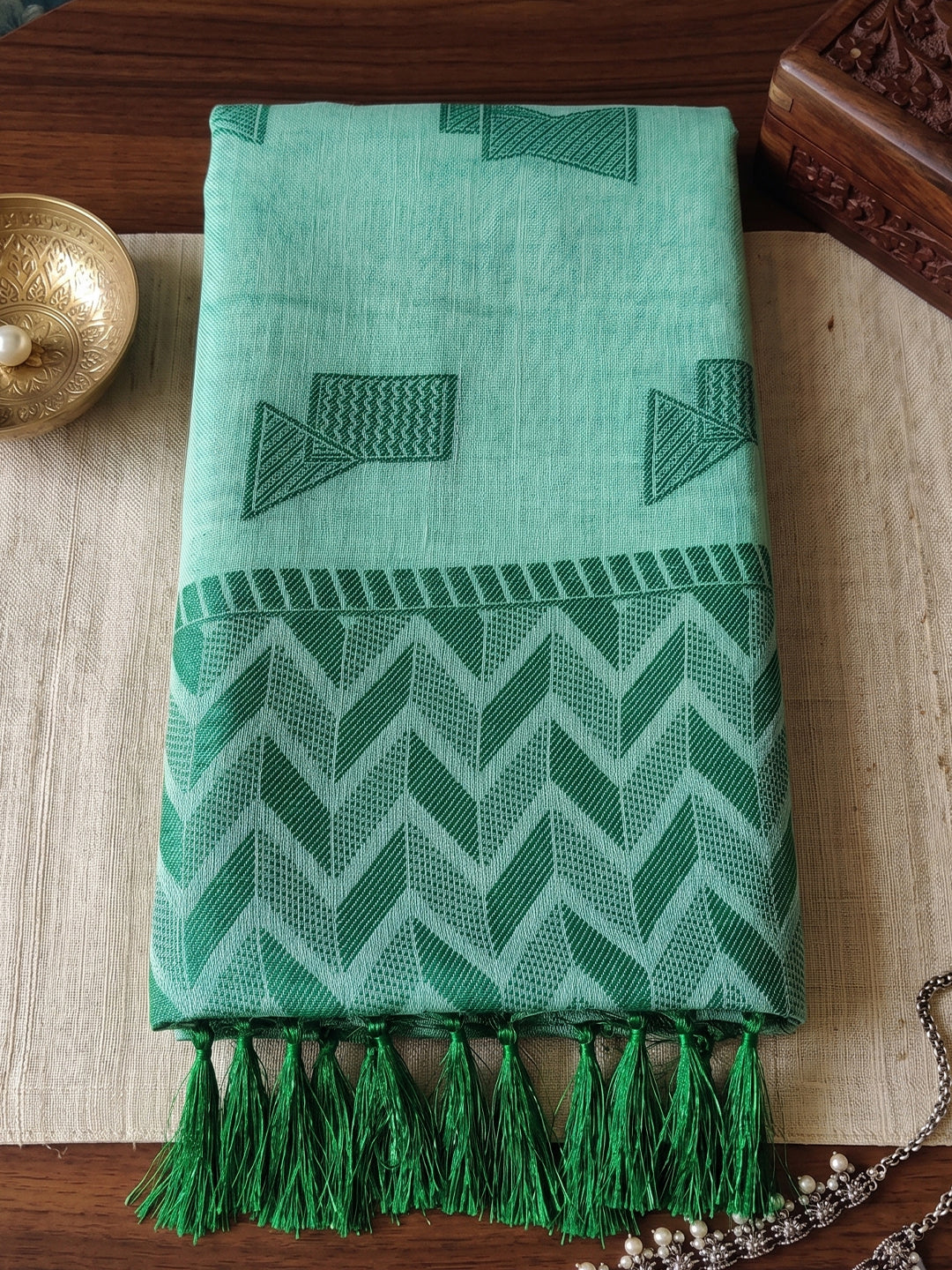 Teal Linen Chevron Pallu Saree | EZB SI04 SUARZ1005