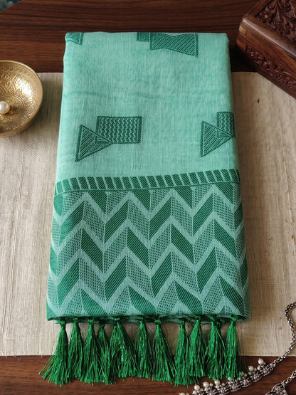 Teal Linen Chevron Pallu Saree | EZB SI04 SUARZ1005