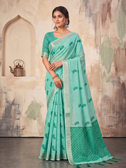 Teal Linen Chevron Pallu Saree | EZB SI04 SUARZ1005