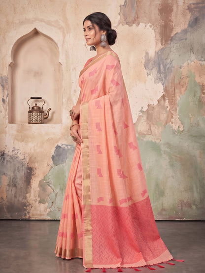 Peach Linen Chevron Pallu Saree | EZB SI04 SUARZ1006