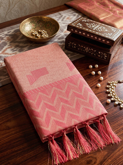 Peach Linen Chevron Pallu Saree | EZB SI04 SUARZ1006