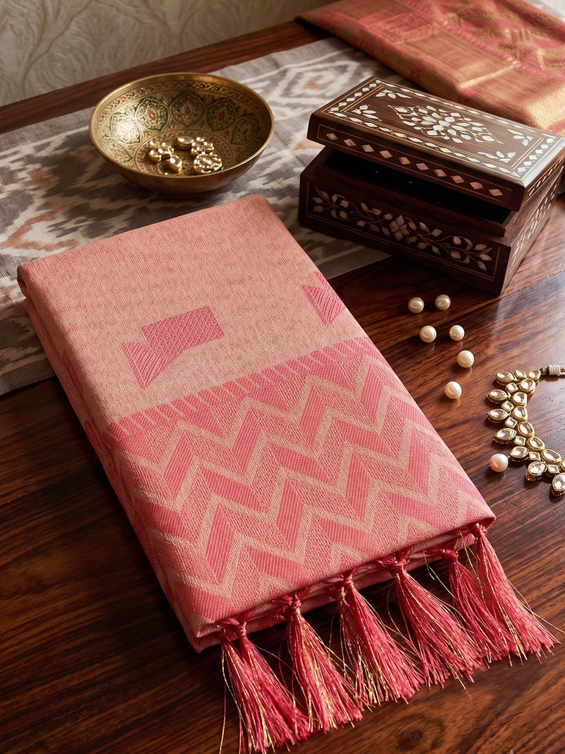 Peach Linen Chevron Pallu Saree | EZB SI04 SUARZ1006