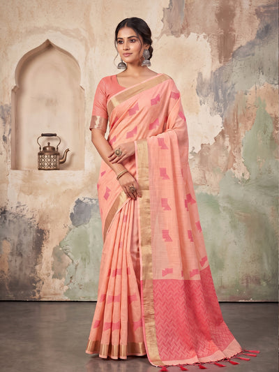 Peach Linen Chevron Pallu Saree | EZB SI04 SUARZ1006