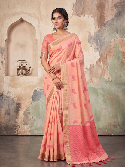 Peach Linen Chevron Pallu Saree | EZB SI04 SUARZ1006