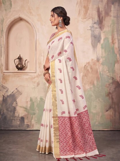 White Linen Chevron Pallu Saree | EZB SI04 SUARZ1007