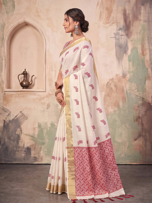 White Linen Chevron Pallu Saree | EZB SI04 SUARZ1007