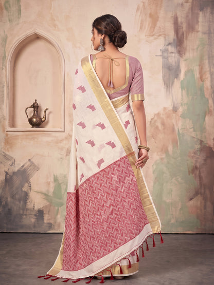 White Linen Chevron Pallu Saree | EZB SI04 SUARZ1007