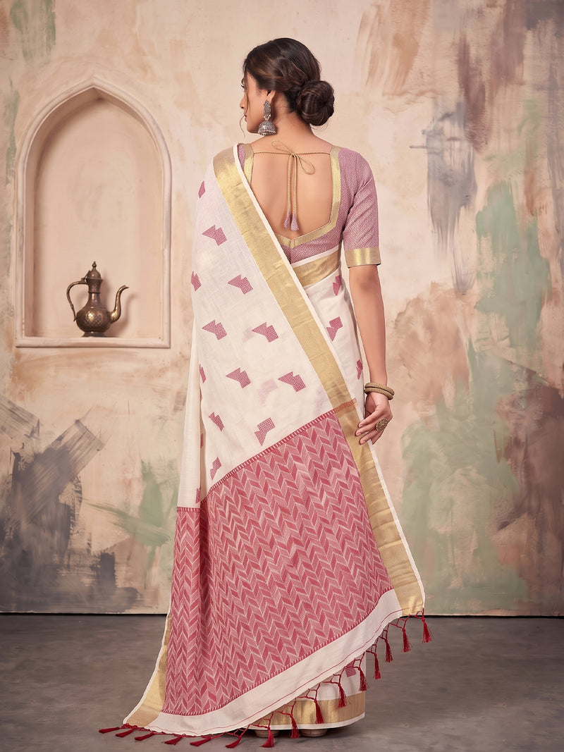 White Linen Chevron Pallu Saree | EZB SI04 SUARZ1007