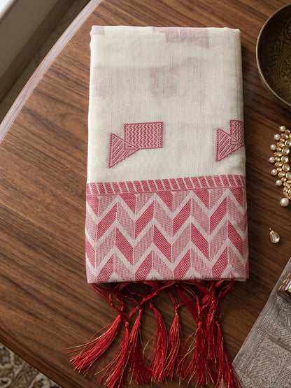 White Linen Chevron Pallu Saree | EZB SI04 SUARZ1007