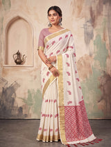 White Linen Chevron Pallu Saree | EZB SI04 SUARZ1007