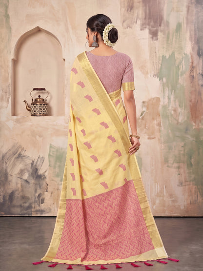 Yelow Linen Chevron Pallu Saree | EZB SI04 SUARZ1008