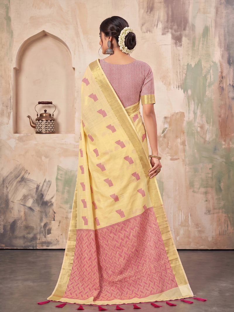 Yelow Linen Chevron Pallu Saree | EZB SI04 SUARZ1008