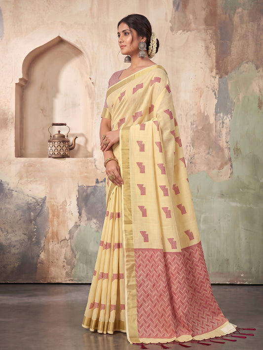 Yelow Linen Chevron Pallu Saree | EZB SI04 SUARZ1008